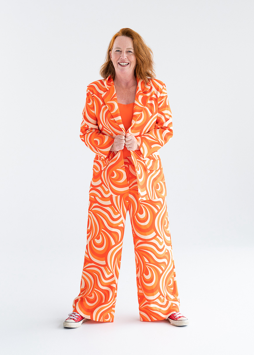 Louisa About Redhead Digital orange retro suit